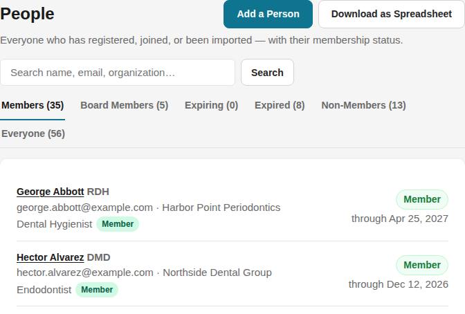 The People page with imported members and their renewal dates